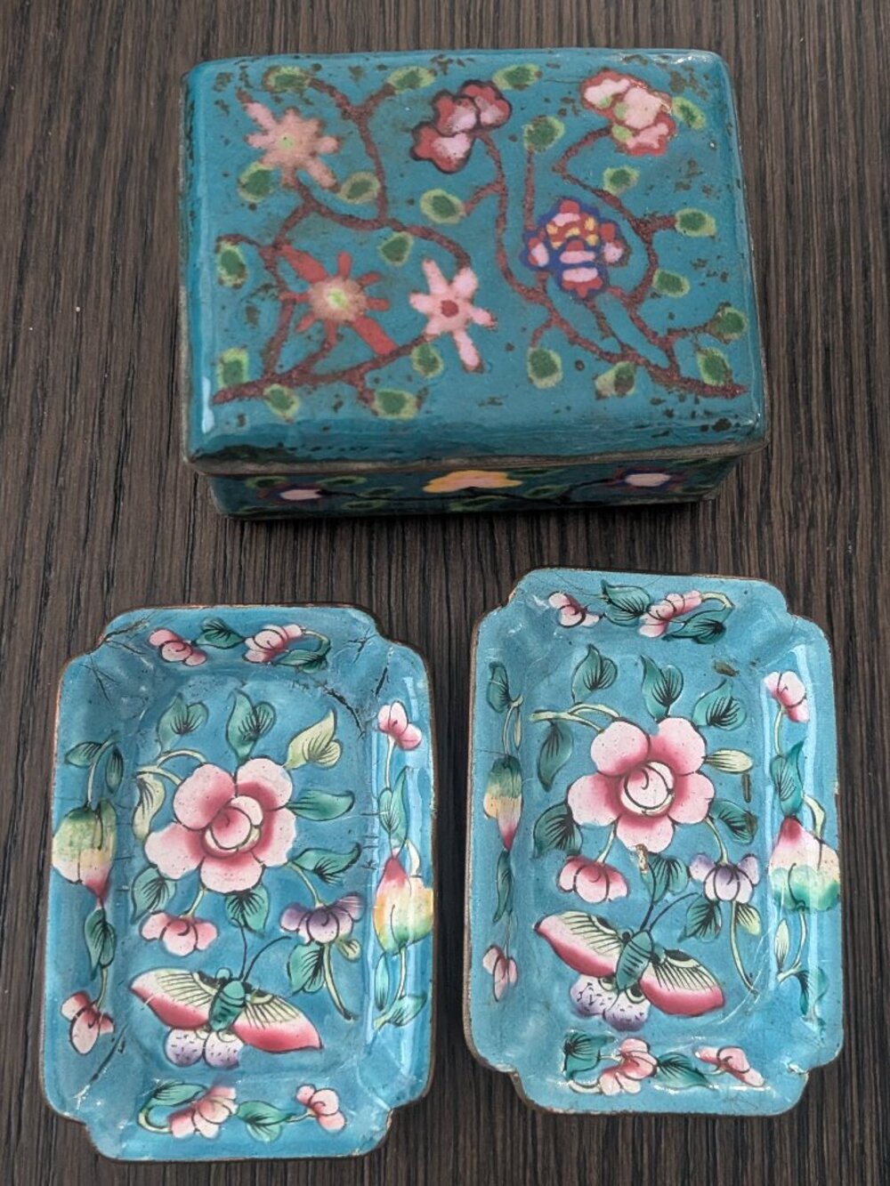 ANTIQ Chinese Canton Enamel Peony Trinket Box & Catchall Tray Set Boho Decor 3pc - Picture 1 of 16